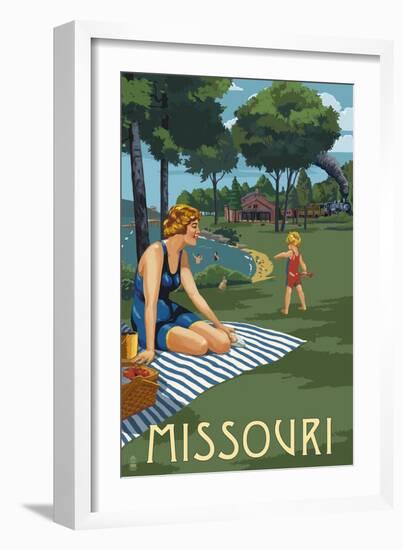 Missouri - Lake and Picnic Scene-Lantern Press-Framed Art Print