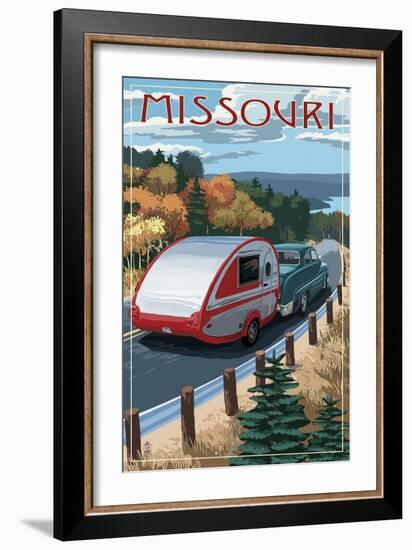 Missouri - Retro Camper on Road-Lantern Press-Framed Art Print