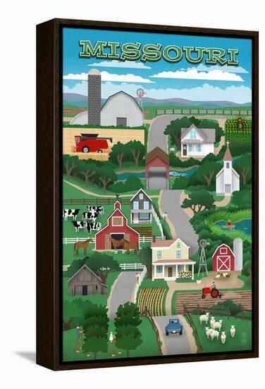 Missouri - Retro Style Countryside-Lantern Press-Framed Stretched Canvas