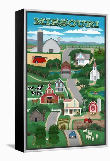 Missouri - Retro Style Countryside-Lantern Press-Framed Stretched Canvas