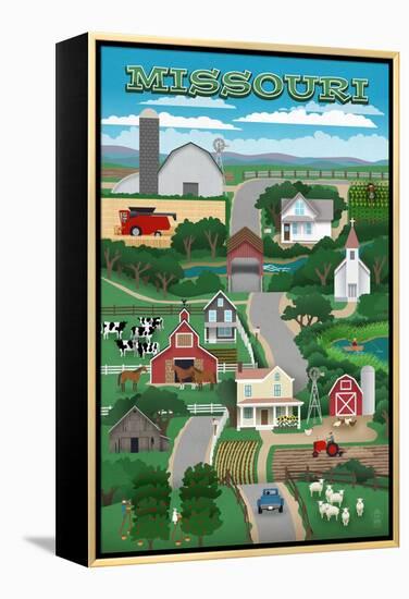 Missouri - Retro Style Countryside-Lantern Press-Framed Stretched Canvas