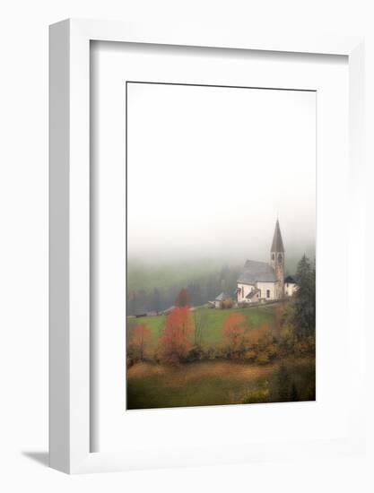 Mist and colourful trees surround the alpine church in the fall, St. Magdalena, Funes Valley, South-Roberto Moiola-Framed Photographic Print