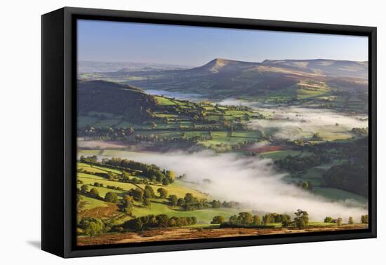 Mist covered rolling countryside backed by the Black Mountains, Brecon Beacons National Park, Powys-Adam Burton-Framed Premier Image Canvas