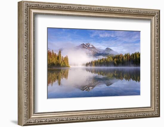 Mist obscures Pyramid Mountain, reflected in Pyramid Lake in the Canadian Rockies, Jasper National -Adam Burton-Framed Photographic Print