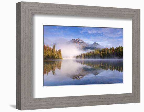 Mist obscures Pyramid Mountain, reflected in Pyramid Lake in the Canadian Rockies, Jasper National -Adam Burton-Framed Photographic Print