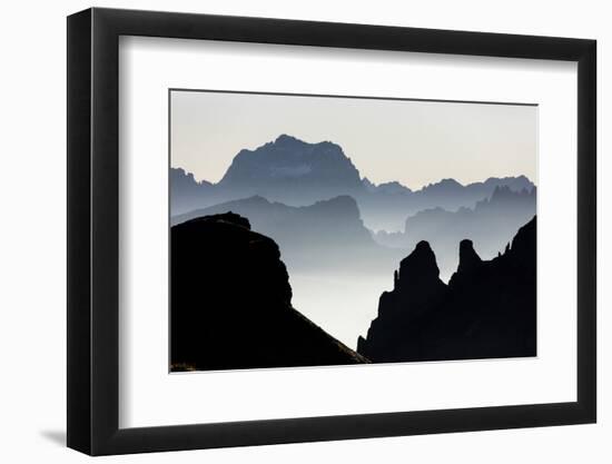 Mist on peaks of Dolomites and Monte Pelmo seen from Cima Belvedere at dawn, Val di Fassa, Trentino-Roberto Moiola-Framed Photographic Print