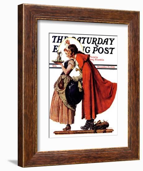 "Mistletoe Kiss" or "Feast for a Traveler" Saturday Evening Post Cover, December 19,1936-Norman Rockwell-Framed Giclee Print