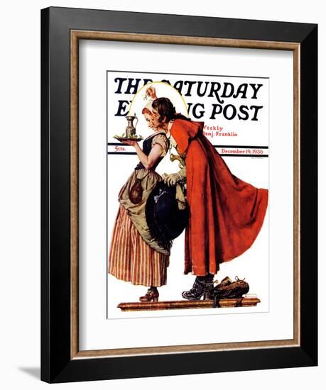 "Mistletoe Kiss" or "Feast for a Traveler" Saturday Evening Post Cover, December 19,1936-Norman Rockwell-Framed Giclee Print