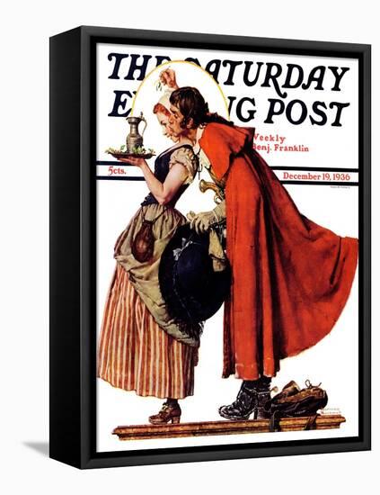 "Mistletoe Kiss" or "Feast for a Traveler" Saturday Evening Post Cover, December 19,1936-Norman Rockwell-Framed Premier Image Canvas