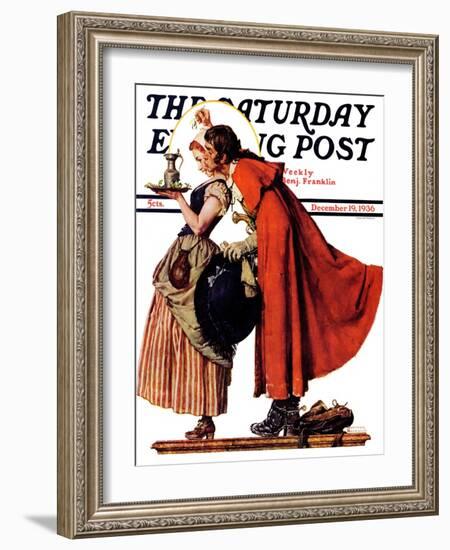 "Mistletoe Kiss" or "Feast for a Traveler" Saturday Evening Post Cover, December 19,1936-Norman Rockwell-Framed Giclee Print