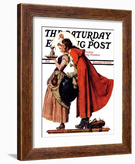 "Mistletoe Kiss" or "Feast for a Traveler" Saturday Evening Post Cover, December 19,1936-Norman Rockwell-Framed Giclee Print