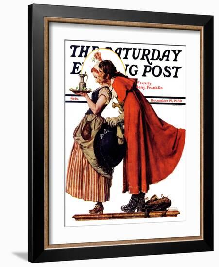 "Mistletoe Kiss" or "Feast for a Traveler" Saturday Evening Post Cover, December 19,1936-Norman Rockwell-Framed Giclee Print