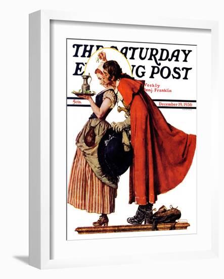 "Mistletoe Kiss" or "Feast for a Traveler" Saturday Evening Post Cover, December 19,1936-Norman Rockwell-Framed Giclee Print