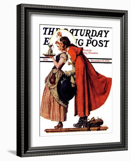 "Mistletoe Kiss" or "Feast for a Traveler" Saturday Evening Post Cover, December 19,1936-Norman Rockwell-Framed Giclee Print