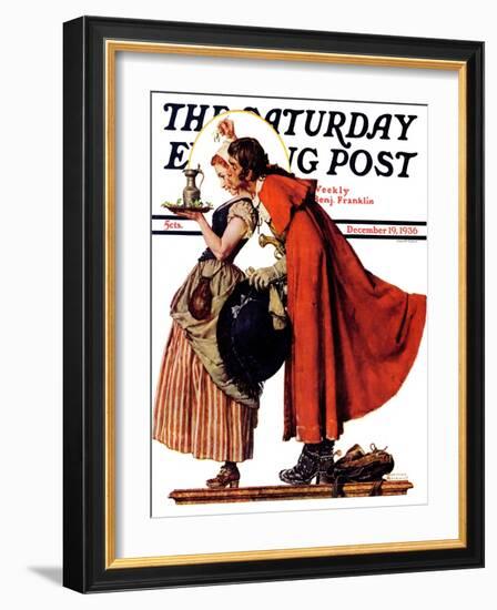 "Mistletoe Kiss" or "Feast for a Traveler" Saturday Evening Post Cover, December 19,1936-Norman Rockwell-Framed Giclee Print