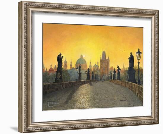 Misty Dawn Charles Bridge Prague-Richard Harpum-Framed Art Print