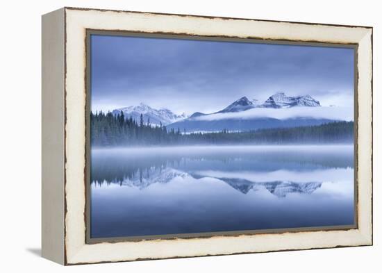 Misty morning at Herbert Lake in the Canadian Rockies, Banff National Park, Alberta, Canada. Autumn-Adam Burton-Framed Premier Image Canvas