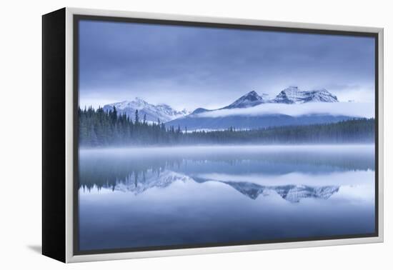 Misty morning at Herbert Lake in the Canadian Rockies, Banff National Park, Alberta, Canada. Autumn-Adam Burton-Framed Premier Image Canvas