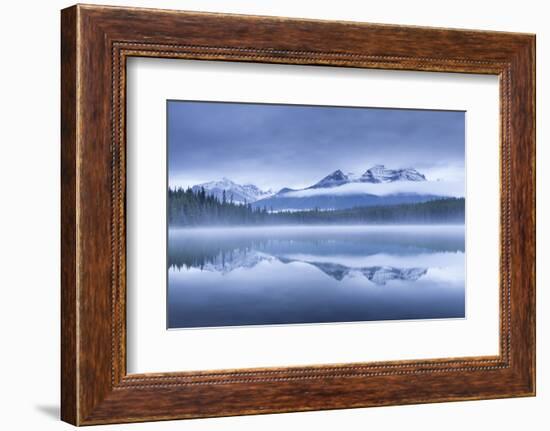 Misty morning at Herbert Lake in the Canadian Rockies, Banff National Park, Alberta, Canada. Autumn-Adam Burton-Framed Photographic Print