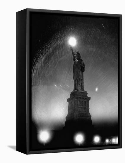 Misty Night Surrounding the Statue of Liberty with Fuzzy Balls of Light from Torch and Lampposts-Andreas Feininger-Framed Premier Image Canvas