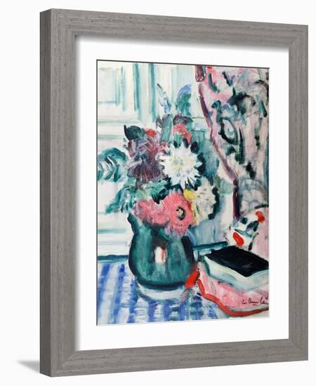 Mixed Dahlias in a Green Vase, with a Book on a Chequered Tablecloth-George Leslie Hunter-Framed Giclee Print