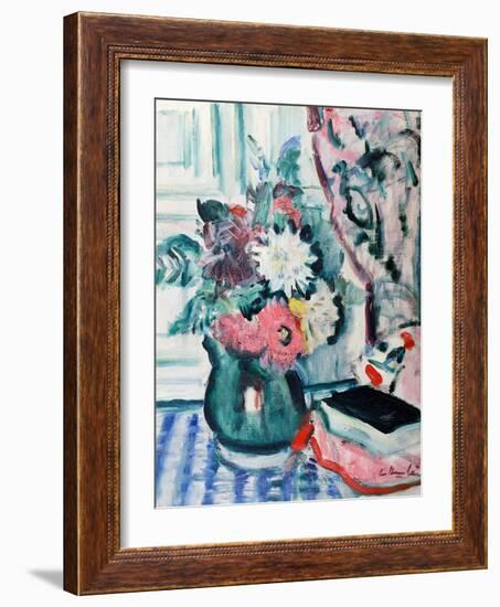 Mixed Dahlias in a Green Vase, with a Book on a Chequered Tablecloth-George Leslie Hunter-Framed Giclee Print