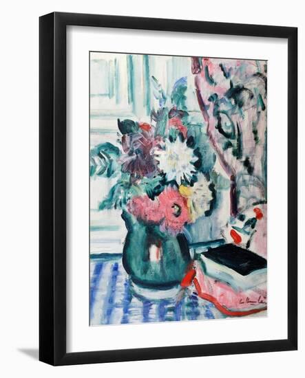 Mixed Dahlias in a Green Vase, with a Book on a Chequered Tablecloth-George Leslie Hunter-Framed Giclee Print