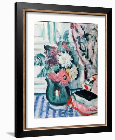 Mixed Dahlias in a Green Vase, with a Book on a Chequered Tablecloth-George Leslie Hunter-Framed Giclee Print