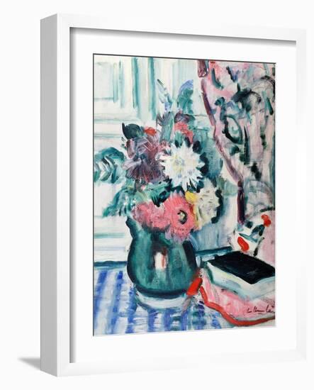 Mixed Dahlias in a Green Vase, with a Book on a Chequered Tablecloth-George Leslie Hunter-Framed Giclee Print