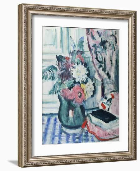 Mixed Dahlias in a Green Vase with a Book on a Chequered Tablecloth-George Leslie Hunter-Framed Giclee Print