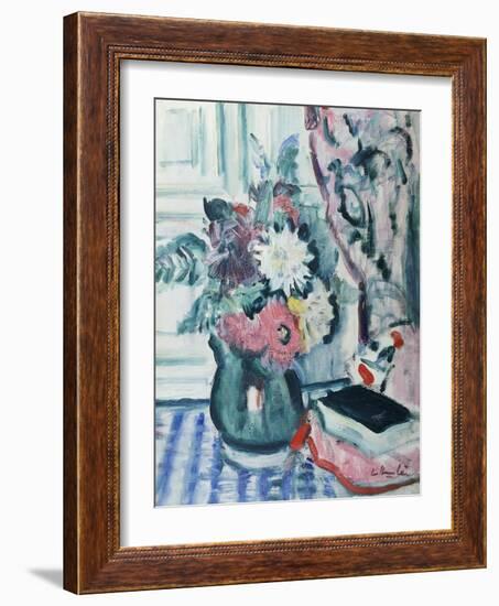 Mixed Dahlias in a Green Vase with a Book on a Chequered Tablecloth-George Leslie Hunter-Framed Giclee Print