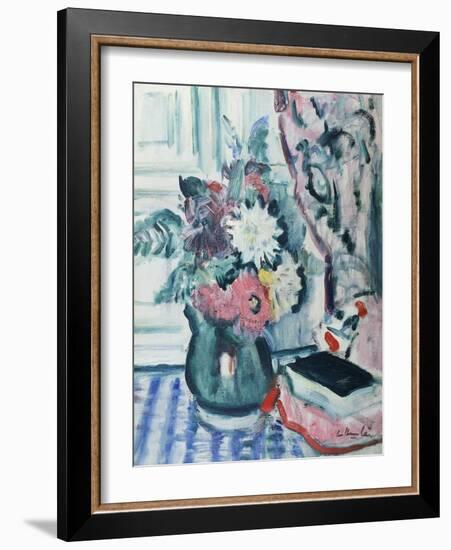 Mixed Dahlias in a Green Vase with a Book on a Chequered Tablecloth-George Leslie Hunter-Framed Giclee Print