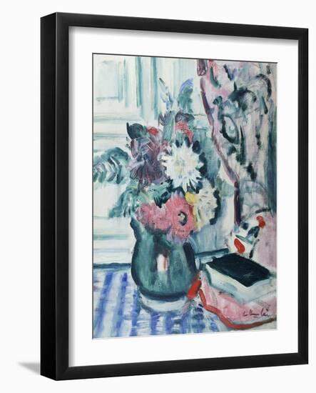 Mixed Dahlias in a Green Vase with a Book on a Chequered Tablecloth-George Leslie Hunter-Framed Giclee Print