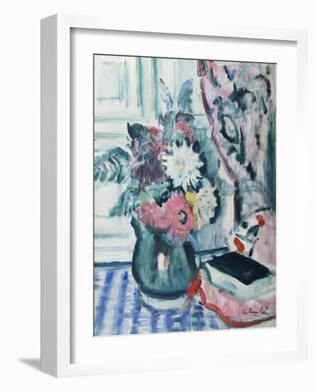 Mixed Dahlias in a Green Vase with a Book on a Chequered Tablecloth-George Leslie Hunter-Framed Giclee Print