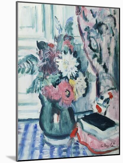 Mixed Dahlias in a Green Vase with a Book on a Chequered Tablecloth-George Leslie Hunter-Mounted Giclee Print