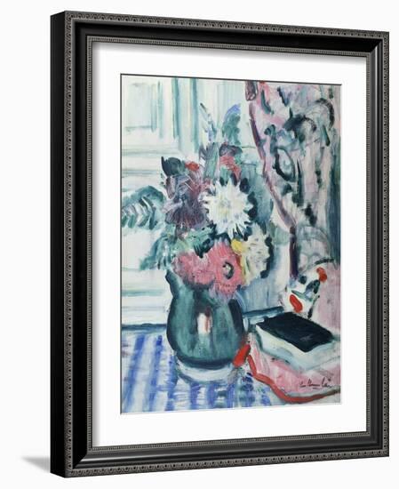 Mixed Dahlias in a Green Vase with a Book on a Chequered Tablecloth-George Leslie Hunter-Framed Giclee Print