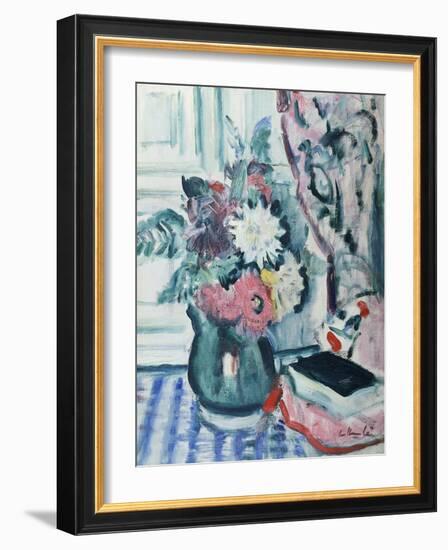 Mixed Dahlias in a Green Vase with a Book on a Chequered Tablecloth-George Leslie Hunter-Framed Giclee Print