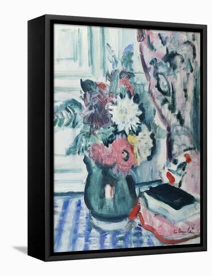 Mixed Dahlias in a Green Vase with a Book on a Chequered Tablecloth-George Leslie Hunter-Framed Premier Image Canvas