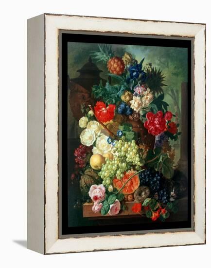 Mixed Flowers and Pineapples in an Urn with a Bird's Nest and a Cat-Jan van Os-Framed Premier Image Canvas