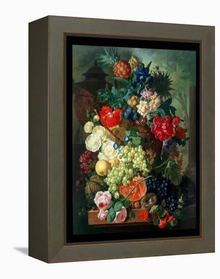 Mixed Flowers and Pineapples in an Urn with a Bird's Nest and a Cat-Jan van Os-Framed Premier Image Canvas