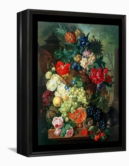 Mixed Flowers and Pineapples in an Urn with a Bird's Nest and a Cat-Jan van Os-Framed Premier Image Canvas