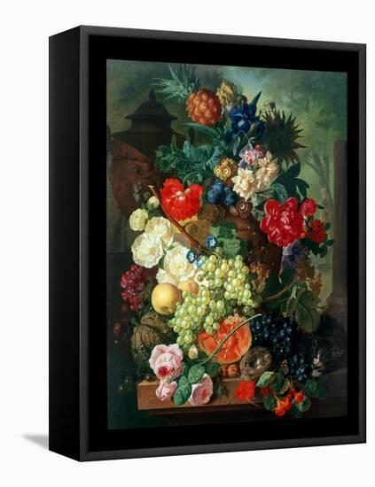 Mixed Flowers and Pineapples in an Urn with a Bird's Nest and a Cat-Jan van Os-Framed Premier Image Canvas