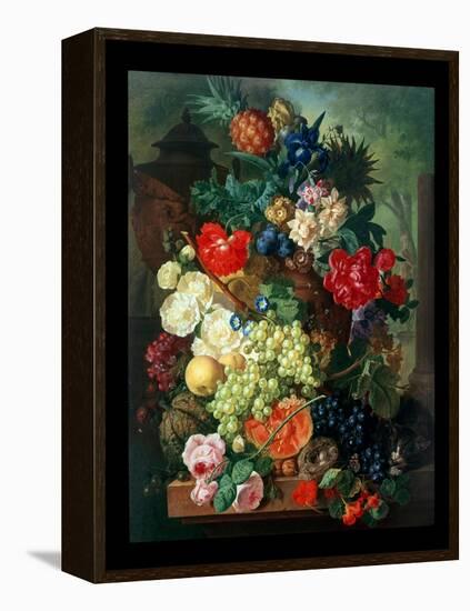 Mixed Flowers and Pineapples in an Urn with a Bird's Nest and a Cat-Jan van Os-Framed Premier Image Canvas