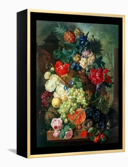 Mixed Flowers and Pineapples in an Urn with a Bird's Nest and a Cat-Jan van Os-Framed Premier Image Canvas