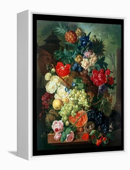 Mixed Flowers and Pineapples in an Urn with a Bird's Nest and a Cat-Jan van Os-Framed Premier Image Canvas