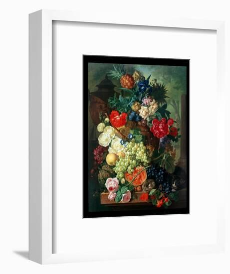 Mixed Flowers and Pineapples in an Urn with a Bird's Nest and a Cat-Jan van Os-Framed Premium Giclee Print