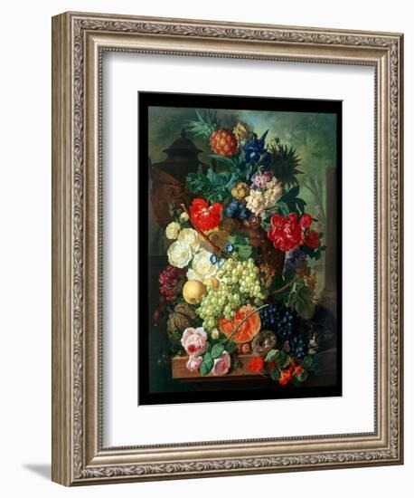 Mixed Flowers and Pineapples in an Urn with a Bird's Nest and a Cat-Jan van Os-Framed Premium Giclee Print