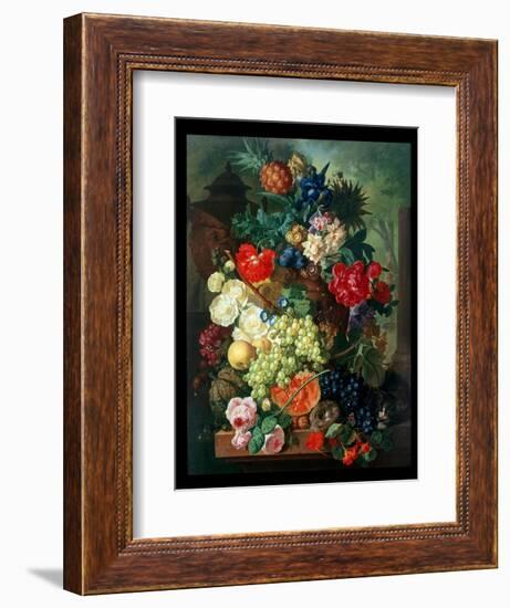 Mixed Flowers and Pineapples in an Urn with a Bird's Nest and a Cat-Jan van Os-Framed Giclee Print