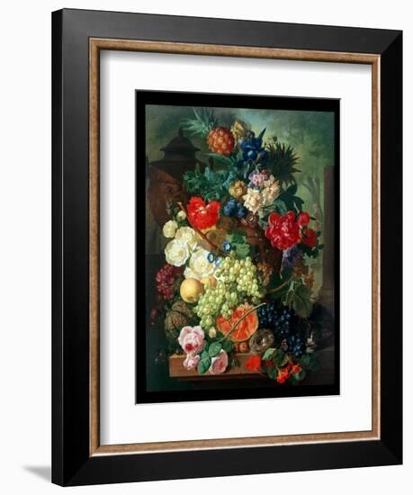 Mixed Flowers and Pineapples in an Urn with a Bird's Nest and a Cat-Jan van Os-Framed Giclee Print