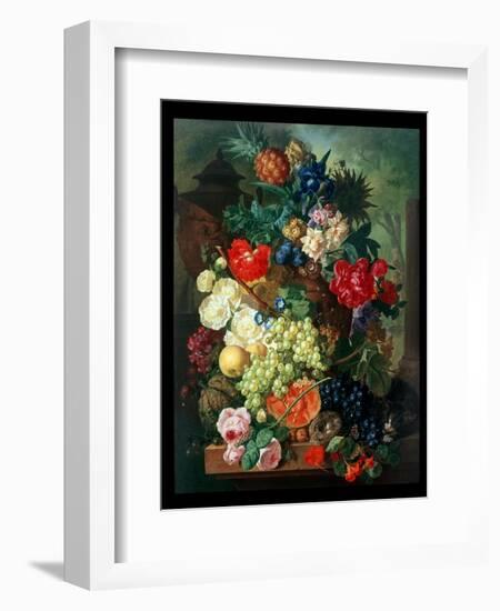 Mixed Flowers and Pineapples in an Urn with a Bird's Nest and a Cat-Jan van Os-Framed Giclee Print